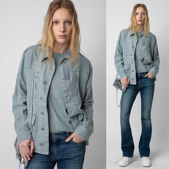 Zadig & Voltaire Kid Linen Glacier Blue Skull Embroidered Utility Jacket XS - Picture 5 of 12